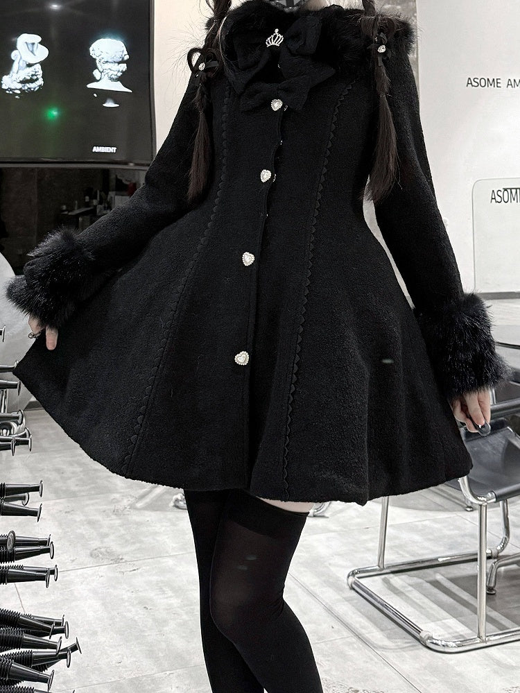 Cuffs Collar with Long Bow-Detailed Coat Kei Jirai Black Waist-Cinching Furry