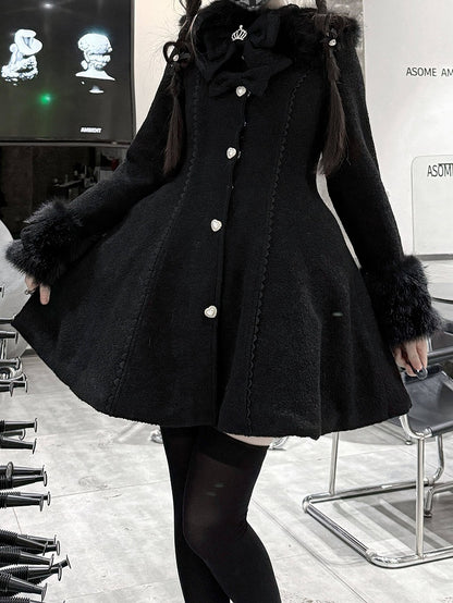 Cuffs Collar with Long Bow-Detailed Coat Kei Jirai Black Waist-Cinching Furry