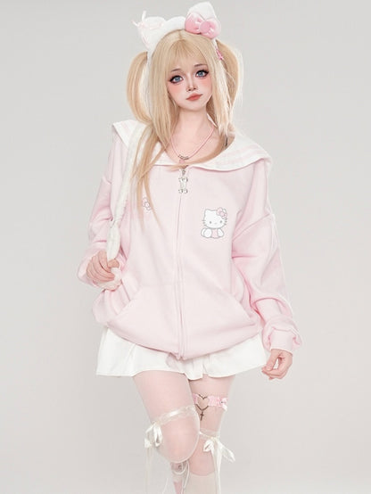 ピンク/ライトブルー/グレー/ブラック キティプリント セーラーカラー ジップ開閉 厚手スウェットシャツ