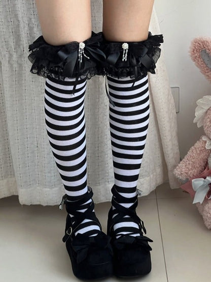 Striped Black and White Overknee Stockings with Lace Accents - The Private Collection of Xiaowanzi