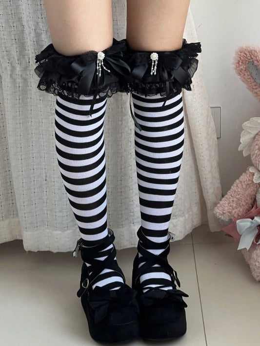 Striped Black and White Overknee Stockings with Lace Accents - The Private Collection of Xiaowanzi