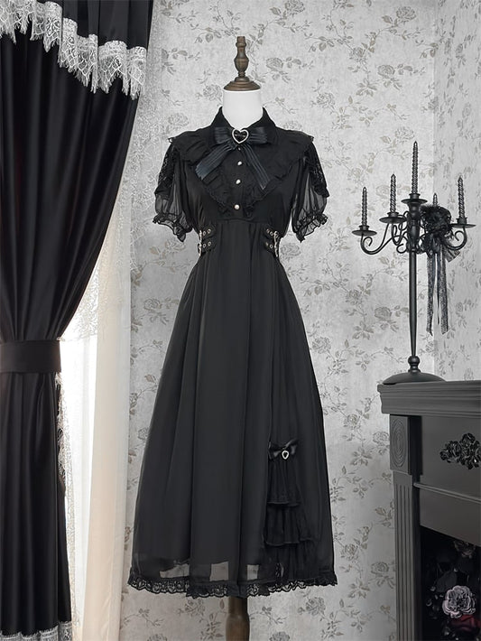 Saum Rüschen Stufenkleid Jirai Kei Schwarz Chiffon Herz Schnallen Taille
