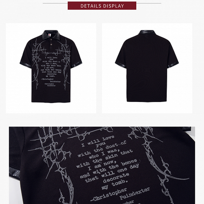 Dark Kawaii Black Polo Collar Short Sleeve Top with Letter Print - KNOW8 Online Shop