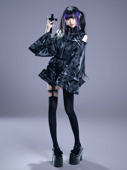 Glossy Gothic Jirai-kei Black 2-Piece Set Cat Ear Hooded Cutout Shoulder Top + Shorts with Leg Garter - Bug Starting
