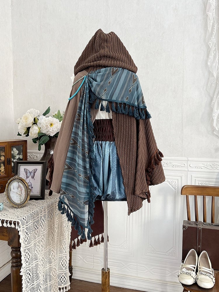 Brown & Blue Wasteland Style Asymmetrical Lolita Cape + Lace-Up Top + Striped Overall Shorts Set - Xiong Dou Jiang