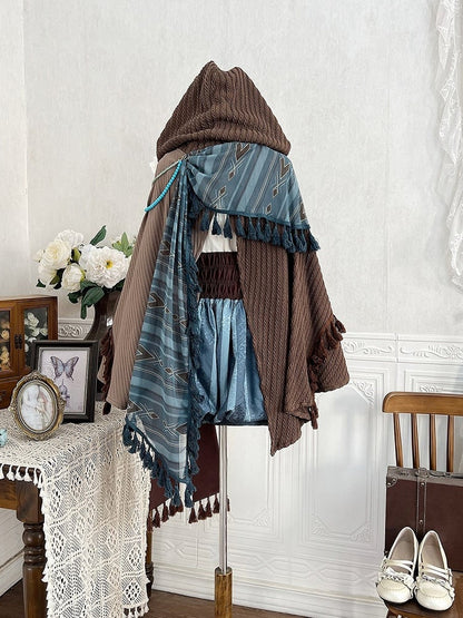 Brown & Blue Wasteland Style Asymmetrical Lolita Cape + Lace-Up Top + Striped Overall Shorts Set - Xiong Dou Jiang