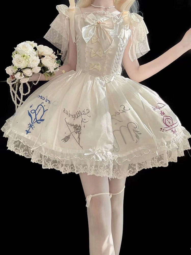 Dress Champagne Embroidered Zodiac with Butterfly Sleeves Tulle Lolita