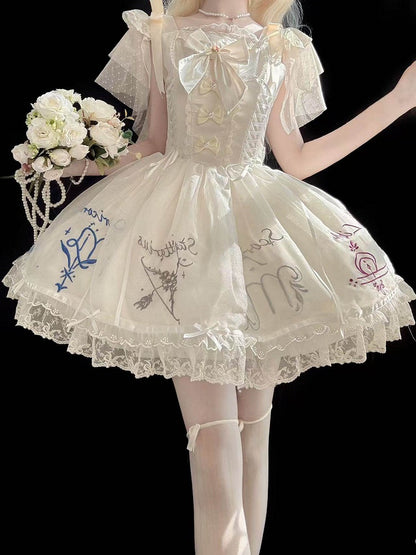 Dress Champagne Embroidered Zodiac with Butterfly Sleeves Tulle Lolita