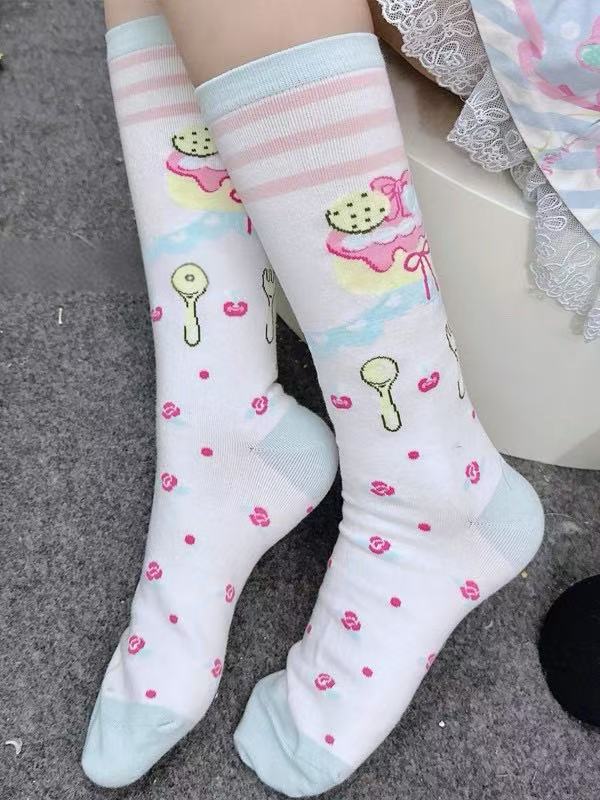 Stockins Cake Pattern Fork Underknee White Pink Beige With and