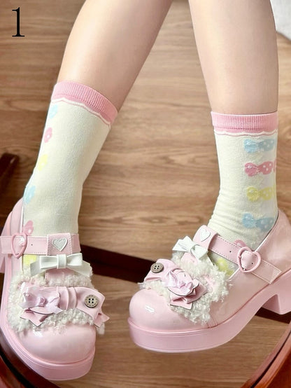 Pink/Blue Lolita Print Cookie/Candy/Ice Calf Socks Cream/Lollipop/Bowknot