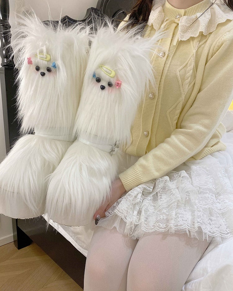 White Maltese Puppy Y2K Platform Furry Boots
