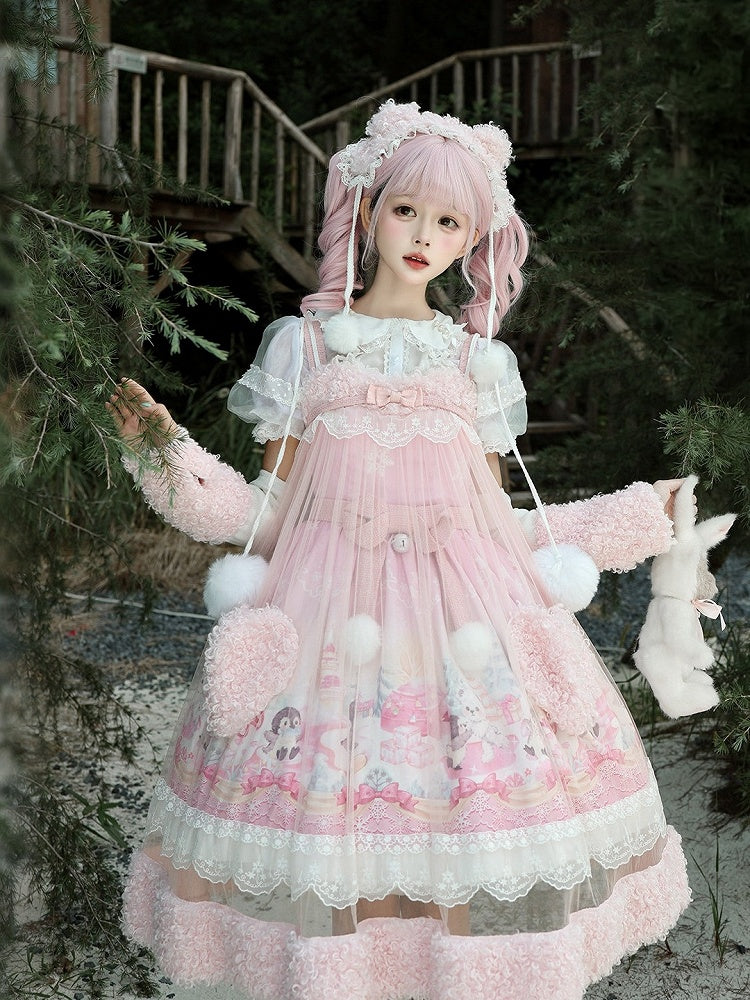 Pink Snow Theme Plush Heart Pocket Lolita Jumper Skirt Dress with Overlay - Lineall Cat