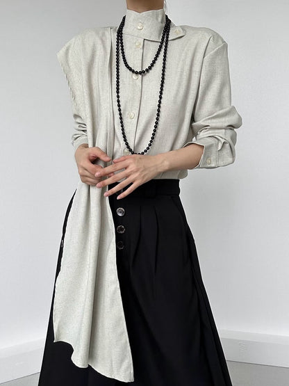 Sleeve Extended Stand Unisex Collar Shirt with Beige Long