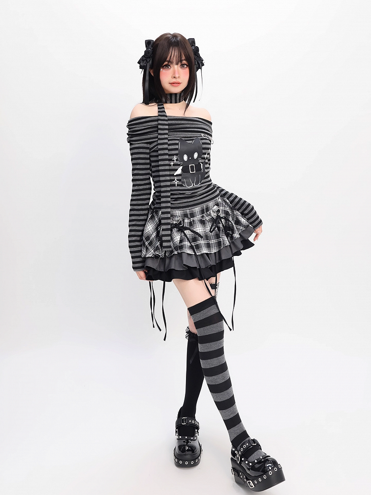 Gray Striped Top Neckline Black and Scarf with Bittersweet Kitten Print Off-the-shoulder