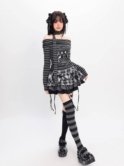 Gray Striped Top Neckline Black and Scarf with Bittersweet Kitten Print Off-the-shoulder