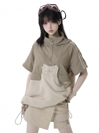 Khaki Colorblock Lightning Embroidery Drawstring Techwear Hooded T-shirt Hem