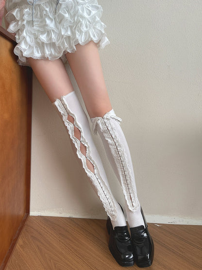 Stockings Ruffle Overknee White/Black Trim
