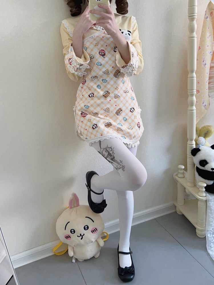 Qipao Style Yellow Set: Frog Bloomers Cheongsam | Dress Outfit Button Plaid Collar Mandarin