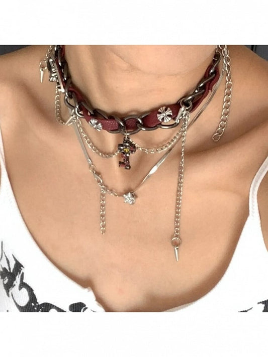 Punk Wine Red Spike Chain Choker - YSHXS