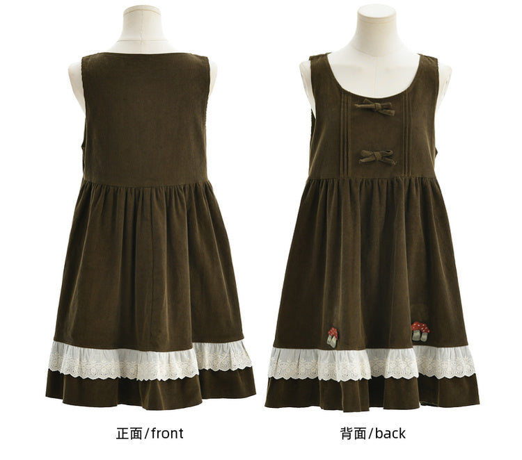 Green Mori Kei Bowknot Details Corduroy Overall Dress