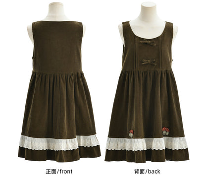 Green Mori Kei Bowknot Details Corduroy Overall Dress
