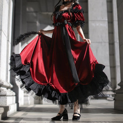 レッドエンパイアウエストマキシドレス ビーズディテール エレガントロリータ