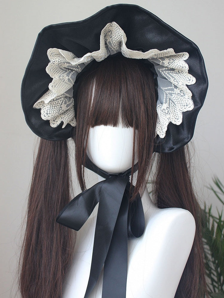 Black Satin Lace Trim Bonnet With Bowknot Details Hairclips