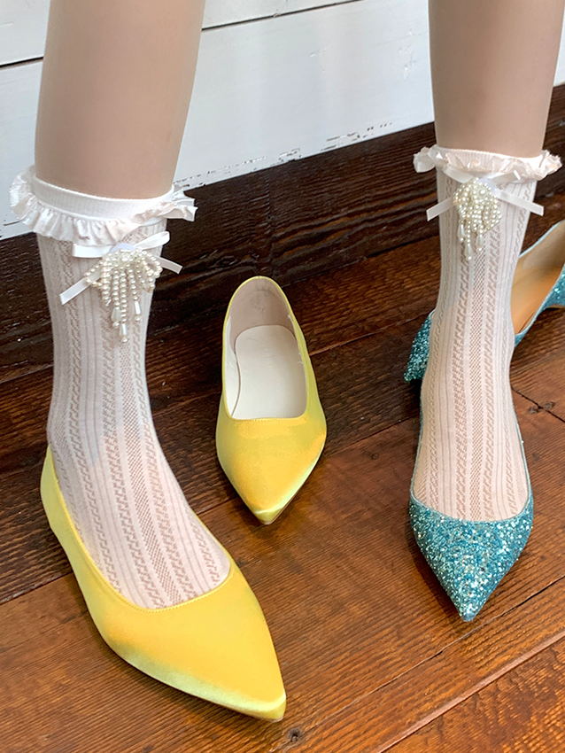 Decorated Lace Beaded White Bowknot Trim Socks