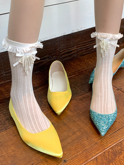 Decorated Lace Beaded White Bowknot Trim Socks