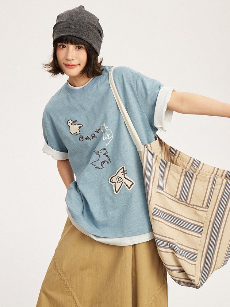 Animal Embroidery with Kawaii T-shirt Patch Decoration Blue Light