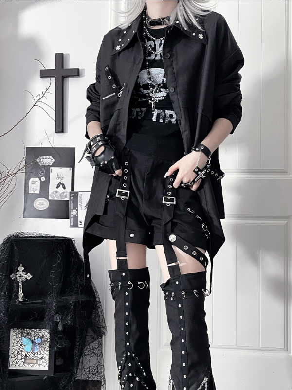 with Black Hem Back Long-Sleeve Punk Shirt Cross Print Asymmetrical
