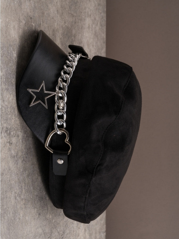 Hat Star Heart Charm With Black Design Buckle Gothic Beret Chain
