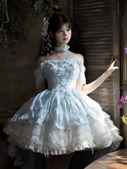 Hime Basque Flower Lace Layered Fluffy Lolita Dress Blooming with Blue Accents Waist | Sheer Ocean