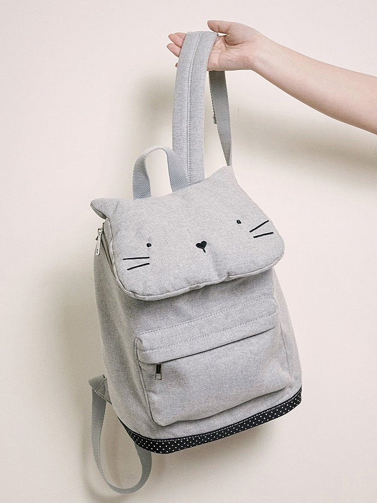 Kawaii Flap Backpack Charming Cat-Ear Kitten Grey With Design Embroidered