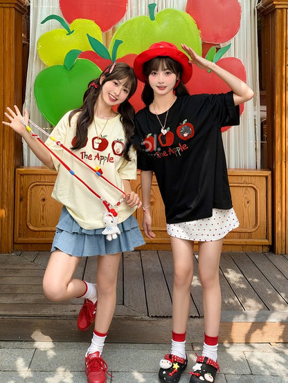 T-Shirt Apricot/Schwarz Rundhals Apfel Stickerei Locker