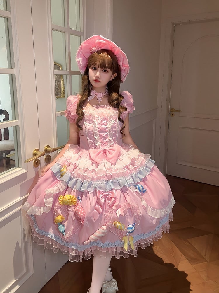 Lolita Candy Ruffle Sweet Multi-Layered Decorations with Pink Dress