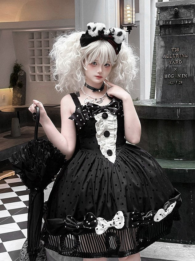 Black White Polka Dot Gothic Lolita Jumper Skirt with Bows Striped Hem - Tan Tuan