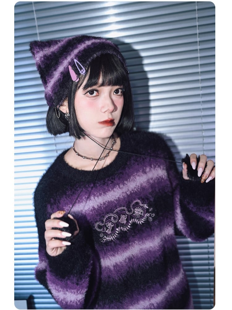Pom-Poms Cat Gradient Stripes Purple Cheongsam Mink Beanie with Faux Ear Gothic