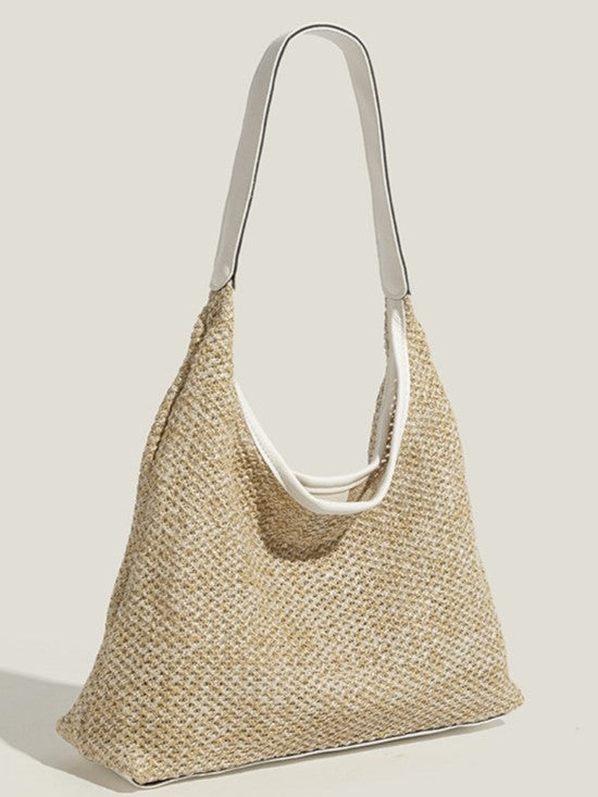 PU Strap with Shoulder Brown/White Straw Bags Woven Bag Nested