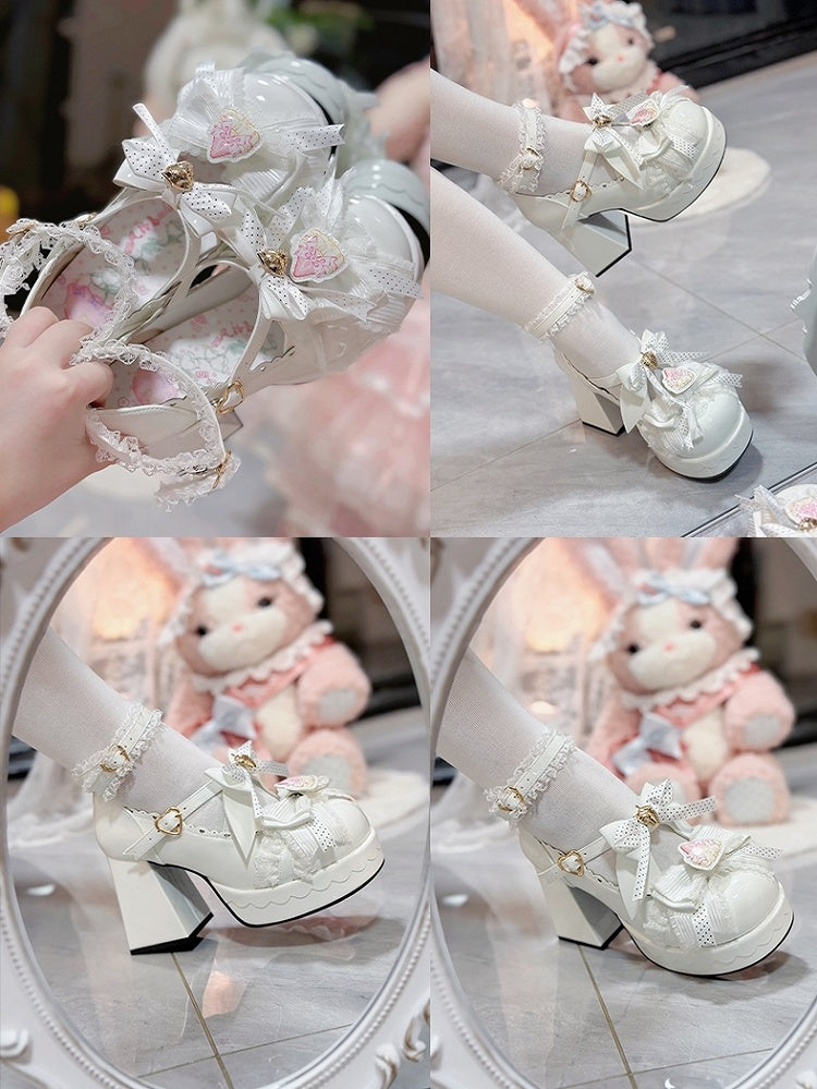Janes Berry - Heart PU White High Block Mary Bow Fastener Polished Accented Customizable Heel in