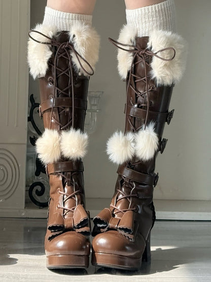 Dark at Closure - Top Boots Hybrid Elegant Brown Winter Lolita Bow