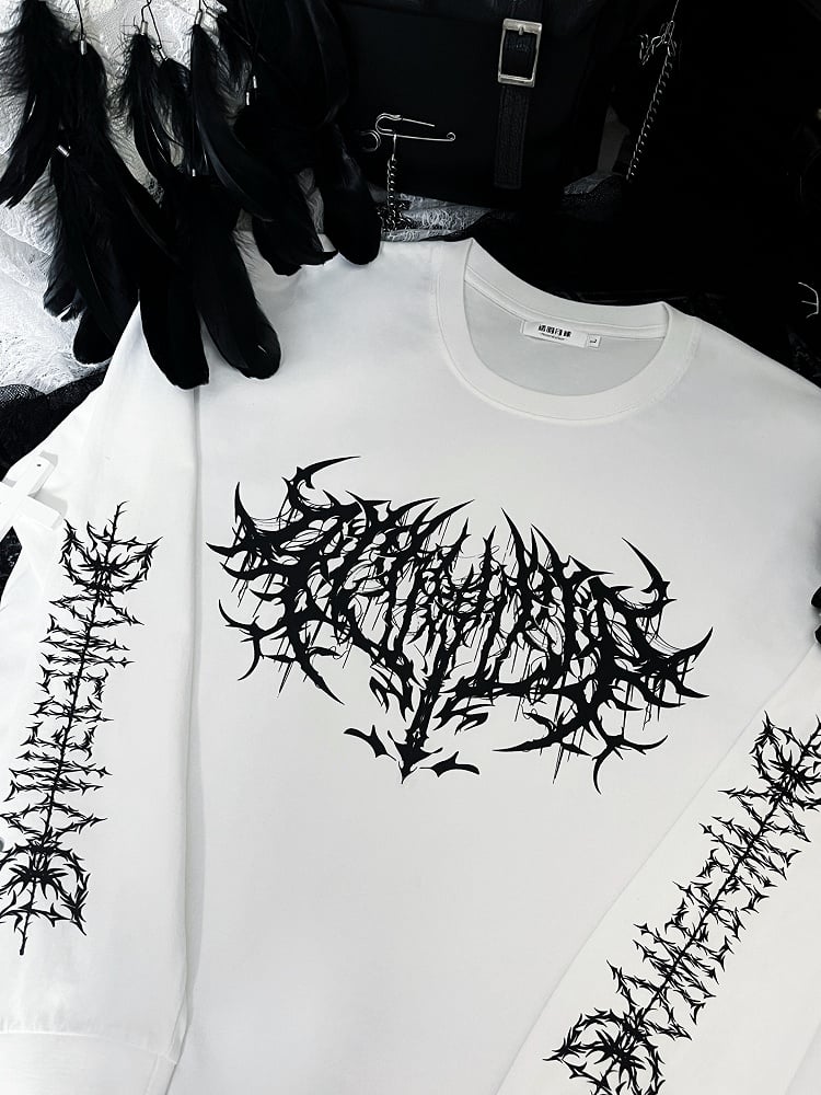 Sweatshirt Print and on Black with White Gothic Sleeve Chest Neck Round