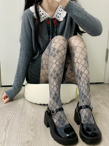Black Y2K Diamond Pattern Hollow-out Tights