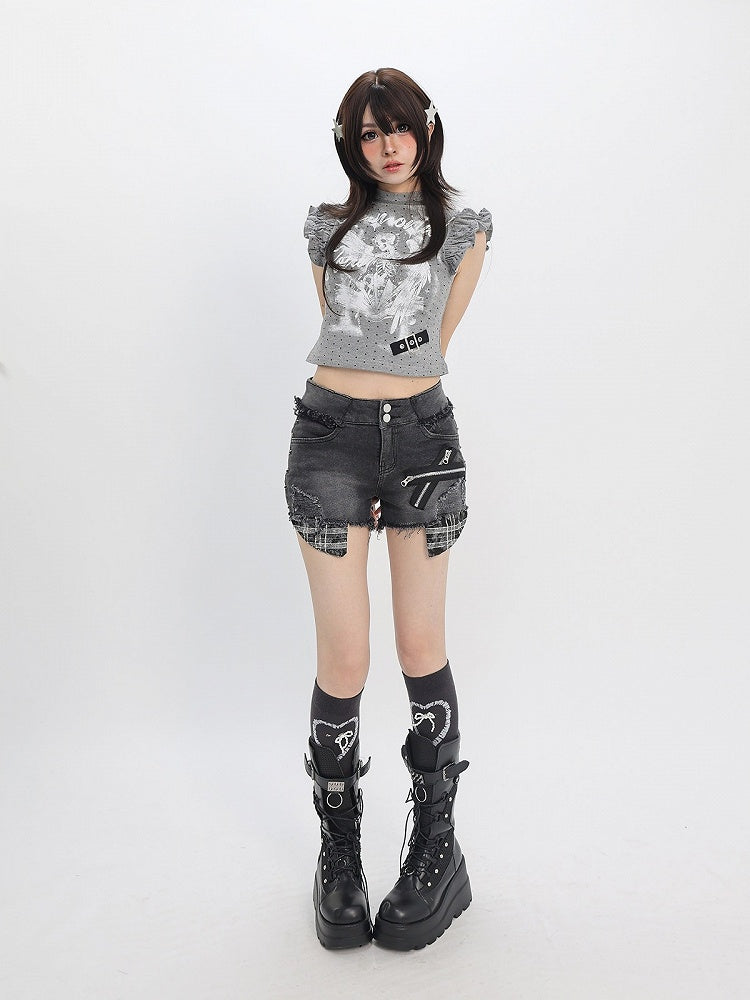 Gray White Flutter Sleeve Top with Angel Skeleton and Buckle - Catwish