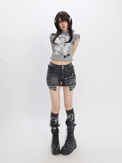 Gray White Flutter Sleeve Top with Angel Skeleton and Buckle - Catwish