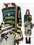 Muster Y2K Grün Cut-out Ausschnitt Details Asymmetrischer Pullover Gestreift