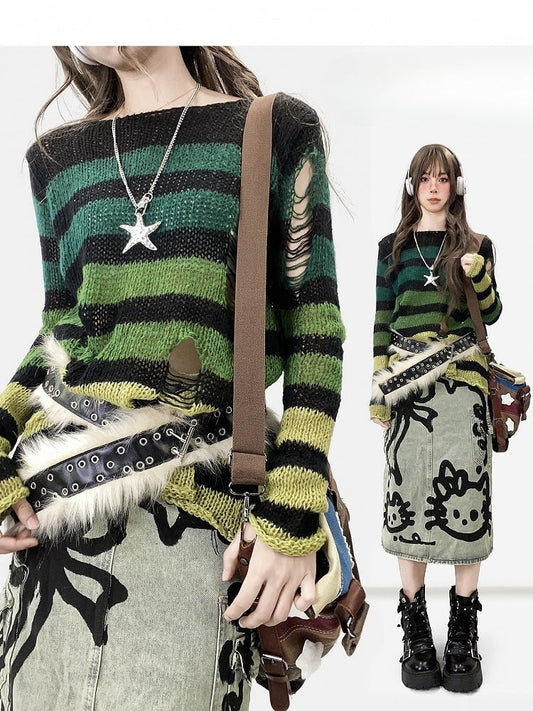 Pattern Y2K Green Cut-out Neckline Details Asymmetrical Sweater Striped