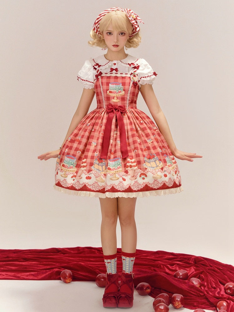 Jupe pull Sweet Lolita à motif vichy rouge cerise et dessert