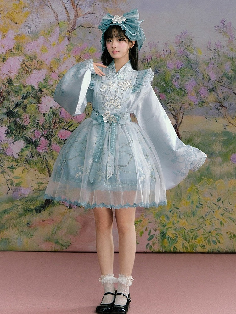 Mint Green Hanfu-Inspired Satin Long Sleeve Top with Floral Print - Yimu Walnut