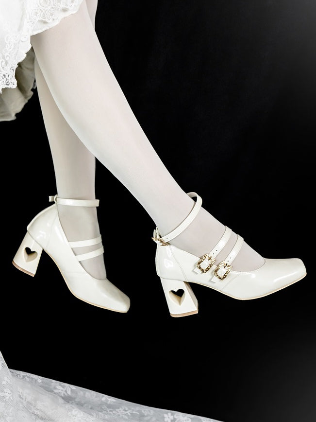 - with Heart Straps Mid Elegant Heels Cutout White PU Lolita Buckle Triple Heel Leather